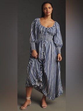 Anthropologie Long-Sleeved Sweatheart Midi Dress - Navy and White Striped